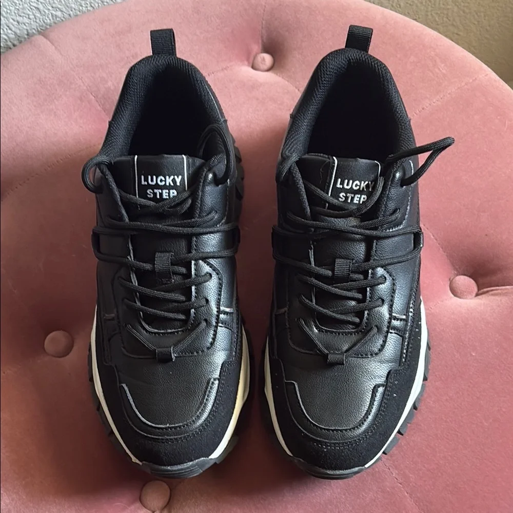 Lucky Step Black Chunky Lace-Up Sneakers